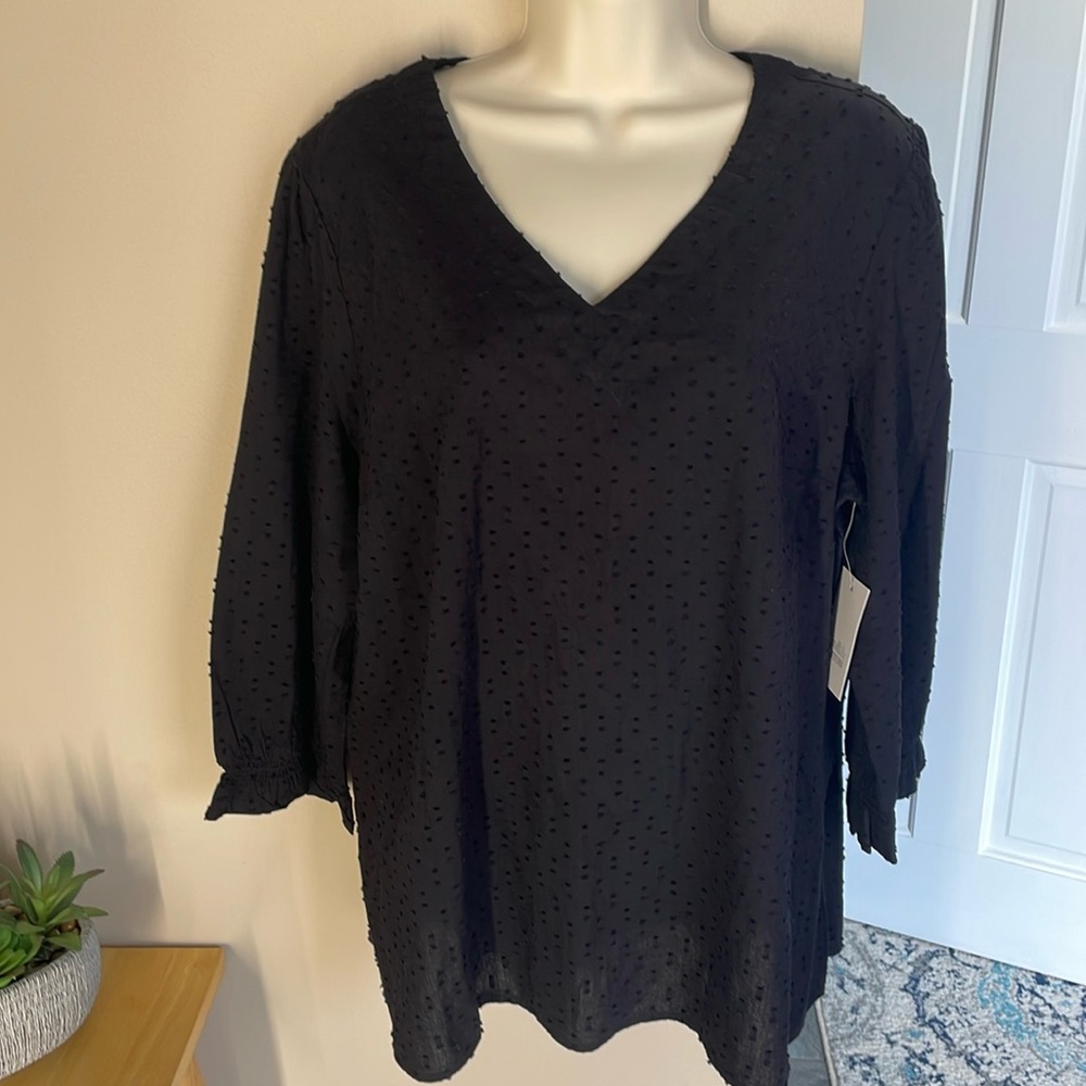 Croft & Barrow textured black on black polka dots top
